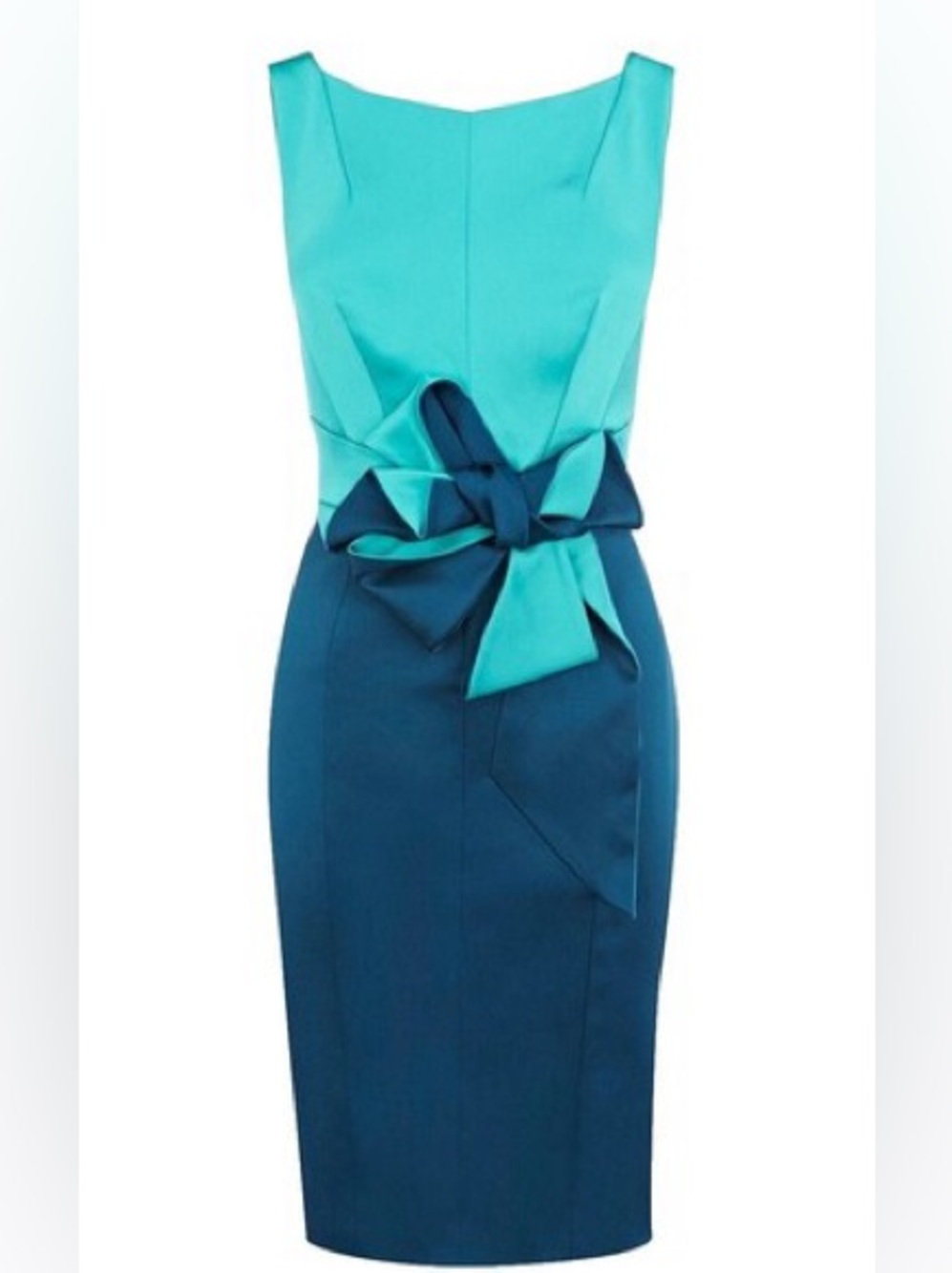 Karen Millen Two-Tone Teal Midi Dress with Waist Bow